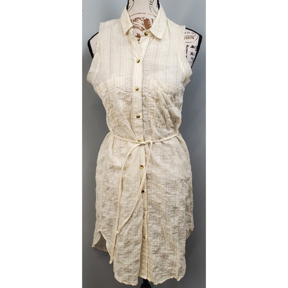 The Odells Anthropologie Sleeveless Shirt Dress Womens XS Tan Striped Tie Waist